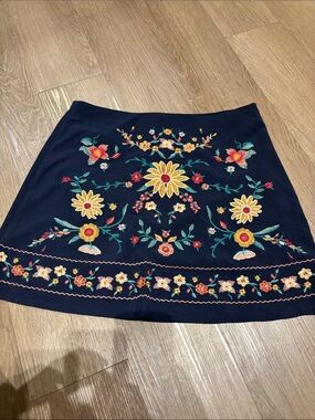 miami Navy A-Line Skirt with Multicolor Floral Embroidery